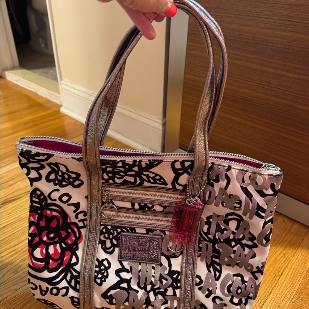 Coach Black and White Graphic Tote with Red Accents